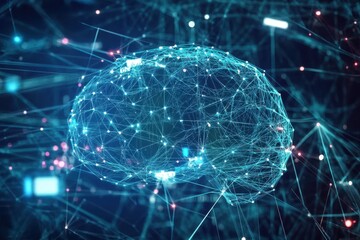 Poster - Digital neural network representation illustrating brain connections and data flow in a futuristic landscape of technology. Generative AI