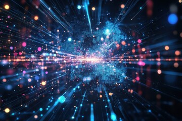 Fototapete - Interconnected circuits of light illuminate a digital landscape in vibrant colors and mesmerizing patterns at night. Generative AI