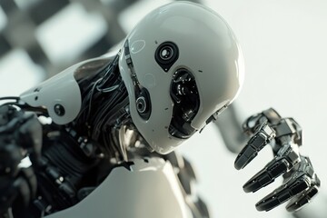 Poster - Exploration of artificial intelligence in a futuristic laboratory setting with a humanoid robot at work. Generative AI