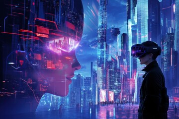 Poster - Exploring the futuristic landscape through a virtual reality headset under neon-lit skyscrapers in a digital metropolis. Generative AI