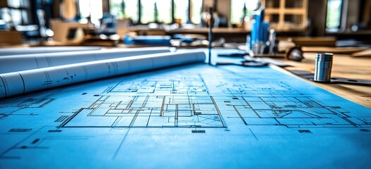 Poster - Architectural blueprints laid out on a worktable in a design studio during daytime with natural light