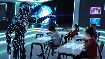 Aufkleber - Futuristic classroom where a robot teacher presents an interactive globe to students using augmented reality on transparent digital tablets, captured in slow motion
