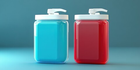 Poster - Colorful dispensers filled with blue and red liquids on a minimalistic background create a vibrant atmosphere in a clean space
