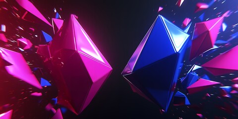 Poster - Abstract 3D Render Pink Blue Geometric Shapes Crystal Explosion Design