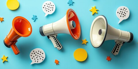 Poster - Colorful megaphones and speech bubbles arranged on a bright blue background showcasing vibrant communication tools