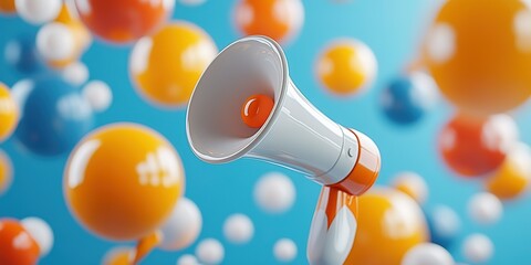Poster - Colorful megaphone surrounded by floating spheres in a bright, cheerful setting