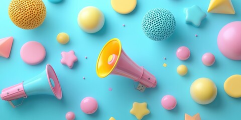 Poster - Colorful decorative elements and megaphones arranged on a bright blue background for creative settings