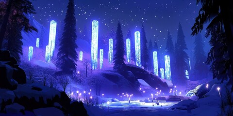 Poster - winter landscape illuminated by glowing pillars under a starry night sky in a serene forest setting