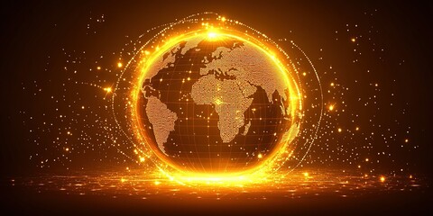 Poster - Glowing digital planet earth with vibrant golden light effects against a dark backdrop in a futuristic setting