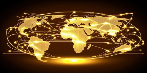 Poster - Digital world map with glowing connections illustrating global network and communication