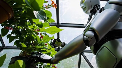 Aufkleber - Futuristic robot gently examining and taking care of potted plants in a greenhouse, showcasing the potential of robotics in agriculture and plant care