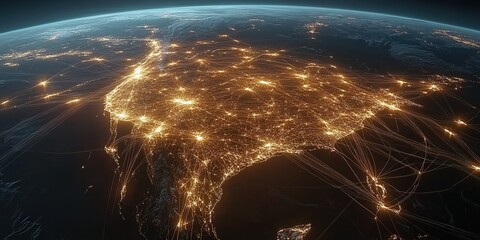 Poster - Vibrant night view of southeastern United States showcasing urban lights and infrastructure connections from space