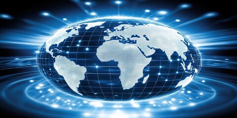 Poster - Representation of a digital globe surrounded by glowing data streams depicting global connectivity and technology advancement