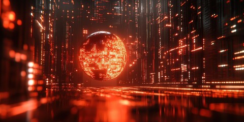Poster - Futuristic digital landscape featuring a glowing sphere and illuminated data streams in a high-tech environment