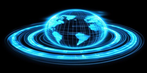 Poster - Digital representation of planet Earth surrounded by glowing rings in a futuristic style