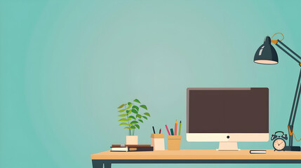 Poster - Modern workspace with computer, desk plant, and stationery in a calm blue background