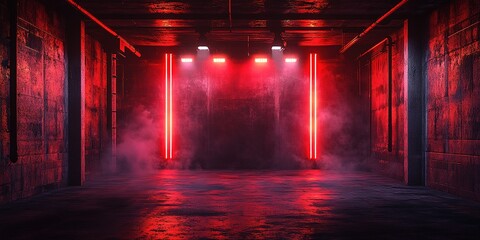Poster - Dynamic red lighting fills a dark, atmospheric space with fog and vibrant hues for a captivating backdrop