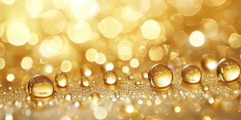 Poster - Shimmering droplets reflecting golden light on a smooth surface create an enchanting visual experience