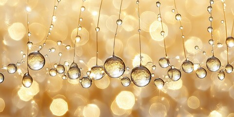 Poster - Delicate rain drops shimmer on strings against a golden, blurred background creating a magical atmosphere