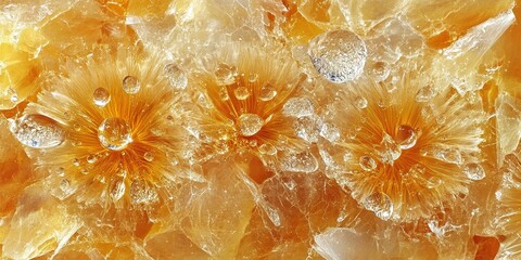 Poster - Unique golden crystal specimen showcasing intricate patterns and water droplets captured under natural light