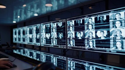 Aufkleber - Advanced security control room featuring multiple computer screens running facial recognition software, showcasing digital surveillance with professional operator analyzing biometric data