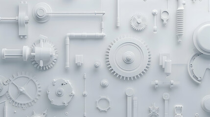 Poster - Abstract arrangement of white mechanical gears and pipes on a light background for design use
