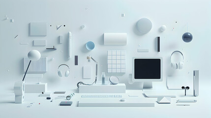 Poster - Minimalist workspace featuring various white objects, creating a clean and organized environment