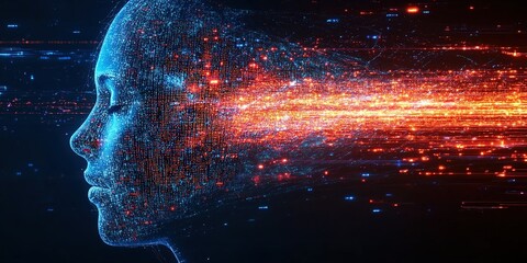 Poster - Digital representation of a human face with glowing data streams illustrating technology and innovation