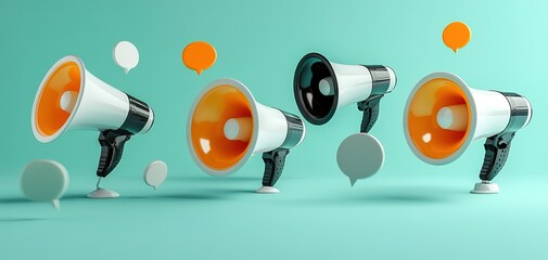 Poster - Creative display of megaphones in vibrant colors with speech bubbles in a modern setting