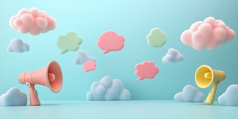 Poster - Creative pastel megaphones and fluffy clouds represent communication and expression in a playful setting