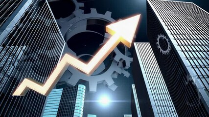 Aufkleber - Golden arrow graph is growing over modern skyscrapers and rotating gears, symbolizing business growth, marketing, finance, and progress in slow motion