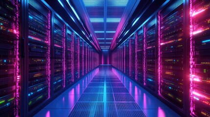 Poster - Neon Lit Server Room, A Digital Metropolis