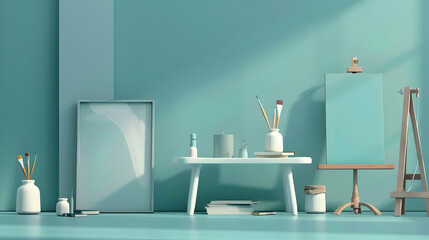 Poster - A serene artist's studio featuring a minimalist design with tools and artworks in soft blue tones