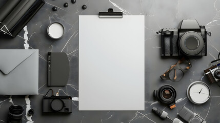 Poster - Flat lay of photography equipment and stationery on a marble surface, showcasing creative workspace