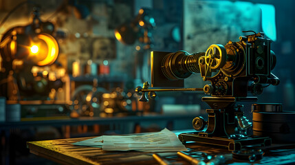 Poster - Vintage camera setup in a dimly lit workshop, showcasing intricate details and tools around