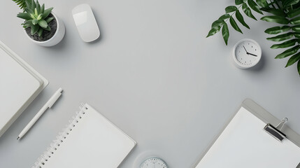 Poster - A minimalist workspace featuring notebooks, a pen, clock, and plants, promoting productivity and calm