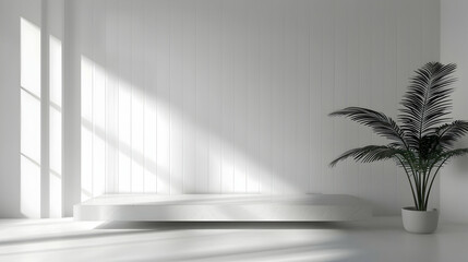 Poster - Minimalist interior design featuring a white platform and a potted palm in a sunlit room