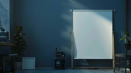 Poster - Modern workspace featuring a blank presentation board, plants, and vintage projector in a dimly lit room