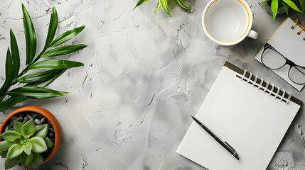 Poster - A serene workspace featuring a notepad, pen, cup, and plants, creating a calming atmosphere