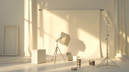 Poster - A serene photography studio setup with soft lighting, featuring props and equipment, creating a tranquil atmosphere
