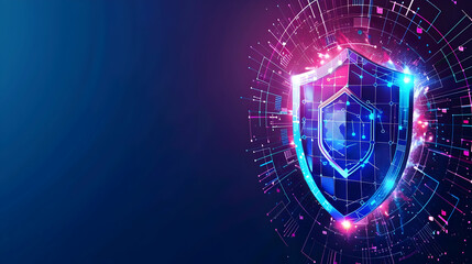 Poster - Futuristic digital shield symbolizing cybersecurity, glowing against a vibrant abstract background