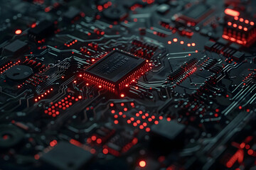 Poster - Close-up view of a dark circuit board with glowing red components and intricate designs