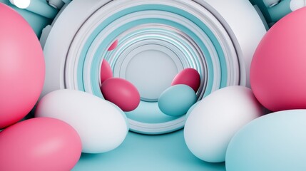 Poster - Colorful abstract tunnel with pastel eggs and circular shapes in 3D space