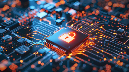 Poster - Close-up view of a microchip with a lock symbol, representing digital security and technology