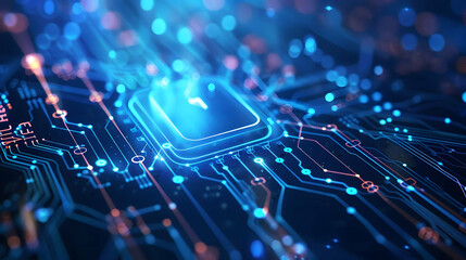 Poster - Abstract close-up of a glowing microprocessor on a circuit board with vibrant blue lights