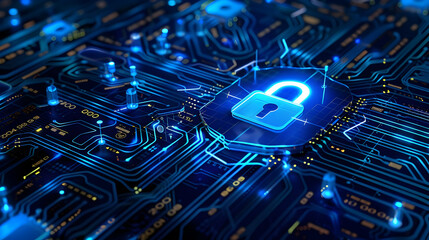 Poster - Futuristic digital security concept featuring a glowing padlock on a circuit board background