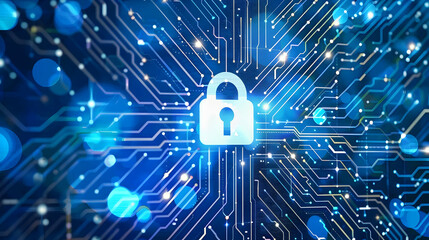 Fototapete - Digital lock symbolizing cybersecurity amidst a vibrant circuit board background