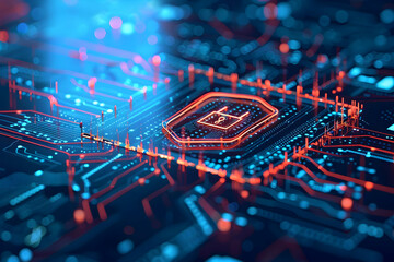 Fototapete - Abstract close-up of a vibrant microchip surrounded by glowing circuits and digital patterns
