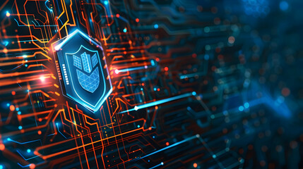 Poster - Futuristic digital shield representing cybersecurity on a vibrant circuit board background