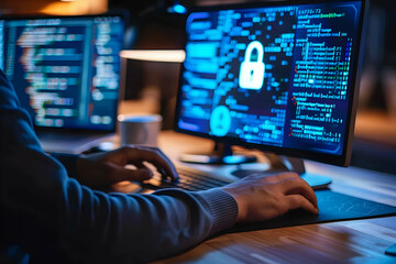 Poster - Individual working on cybersecurity tasks at a desk with multiple monitors displaying code and data